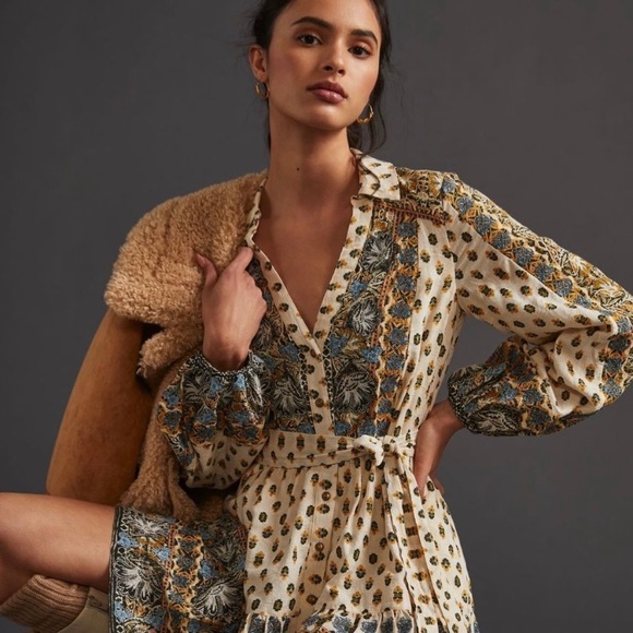 New Anthropologie Floral Embroidered Mini Dress- Neutral Motif - Picture 6 of 8